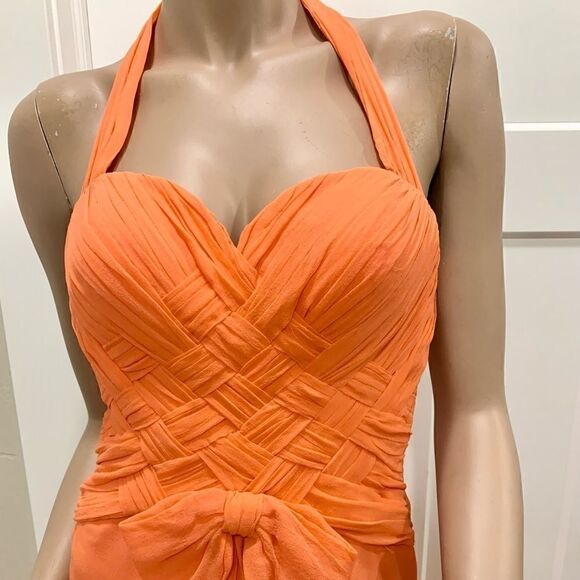 Orange Silk Woven Halter  Cocktail Evening Dress - Picture 4 of 11